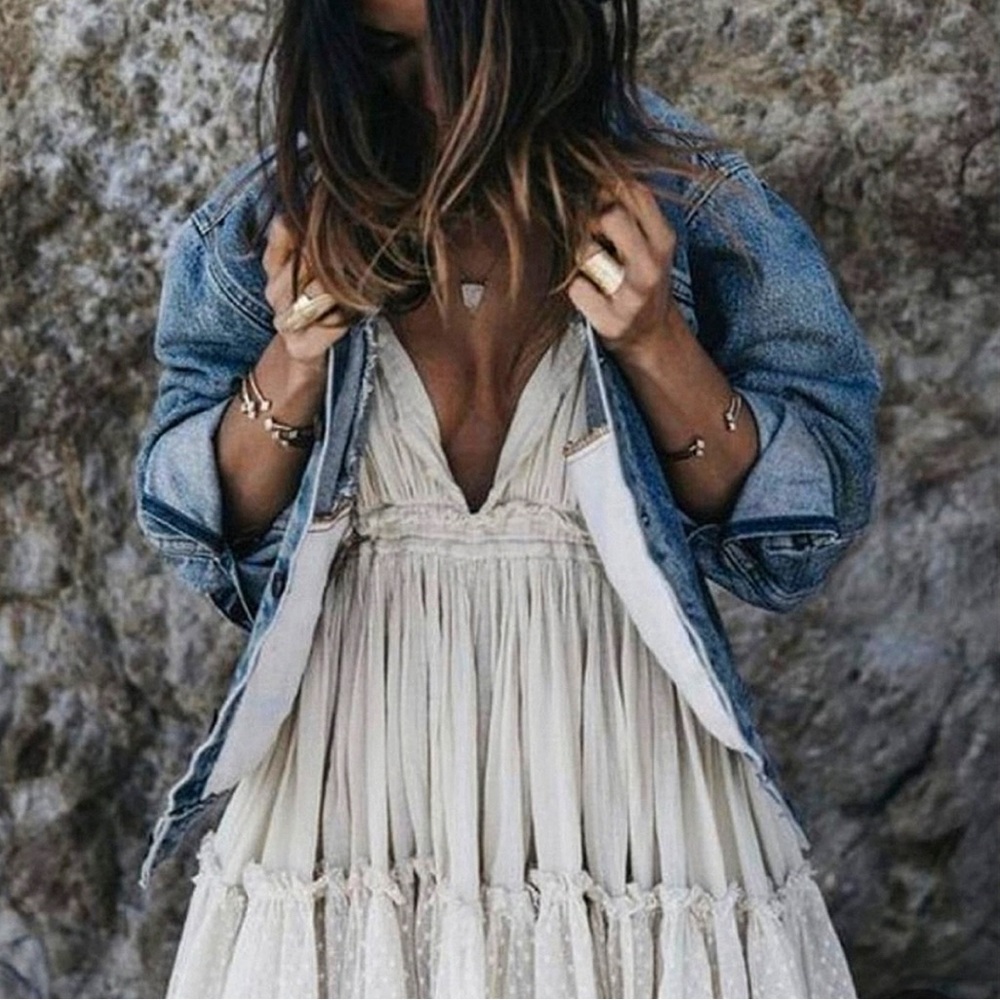 New Boho Flirty Tulle Dot Ruffle Halter Mini Dress Off White Cream Ivory